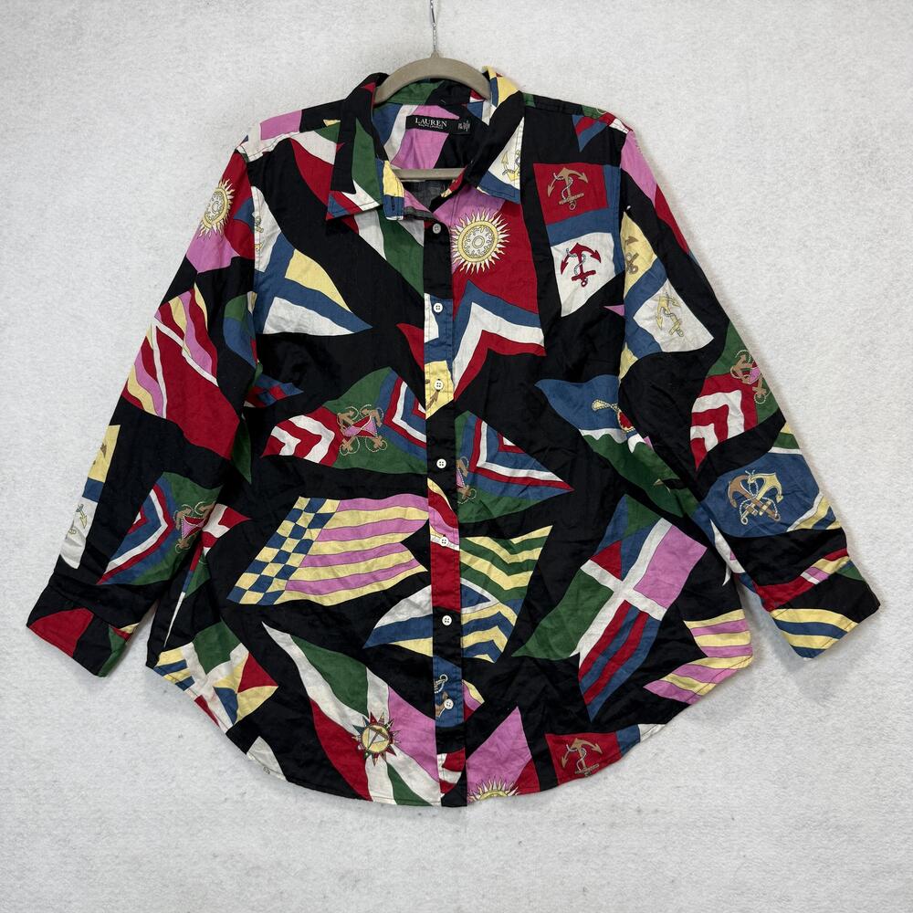 Lauren Ralph Lauren Shirt Womens 2X Multicolor Flag Print Button Front Nautical